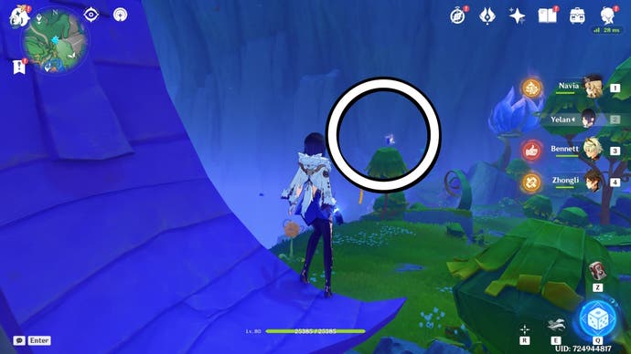A white circle showing the location of a floating Jubilant Feather in Genshin Impact.