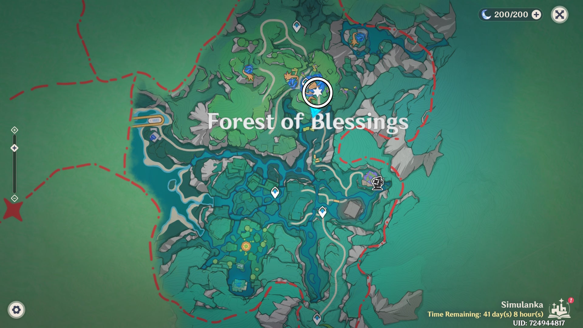White circle on the Simulanka map in Genshin Impact showing a Jubilant Feather location.