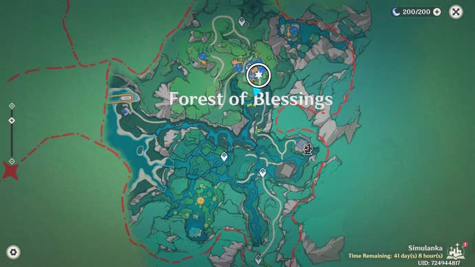 White circle on the Simulanka map in Genshin Impact showing a Jubilant Feather location.