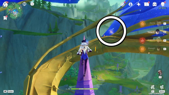 A white circle showing the location of a floating Jubilant Feather in Genshin Impact.