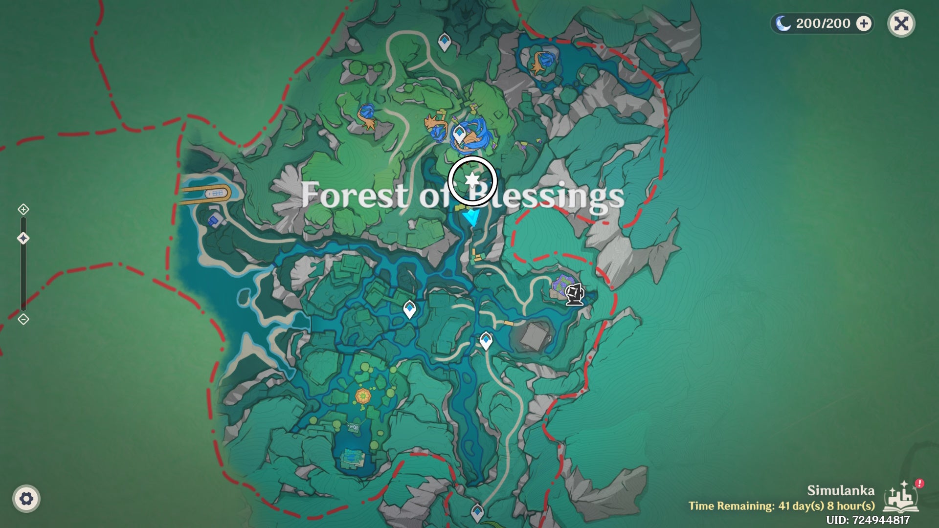 White circle on the Simulanka map in Genshin Impact showing a Jubilant Feather location.