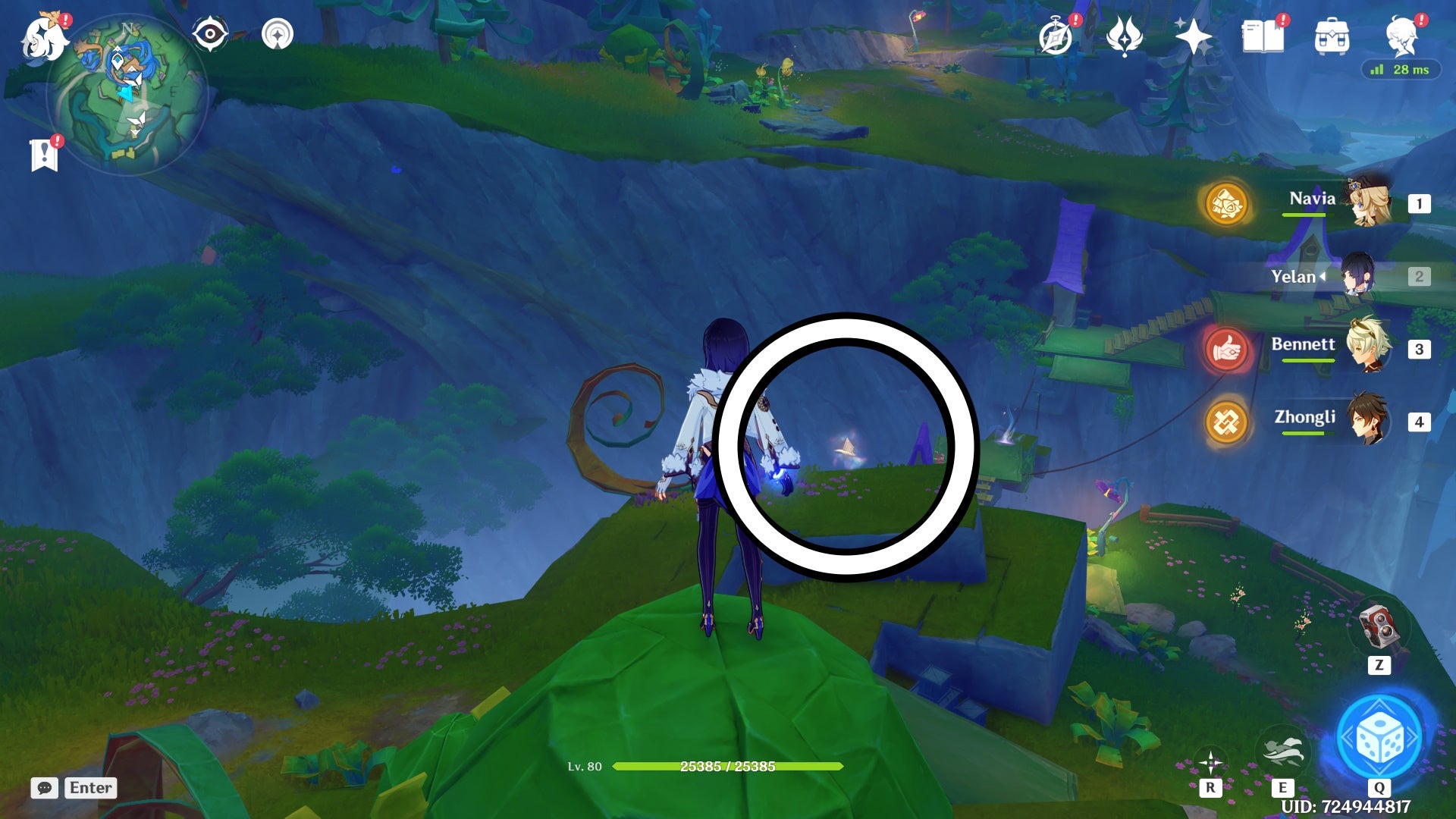 A white circle showing a floating Jubilant Feather location in Genshin Impact.