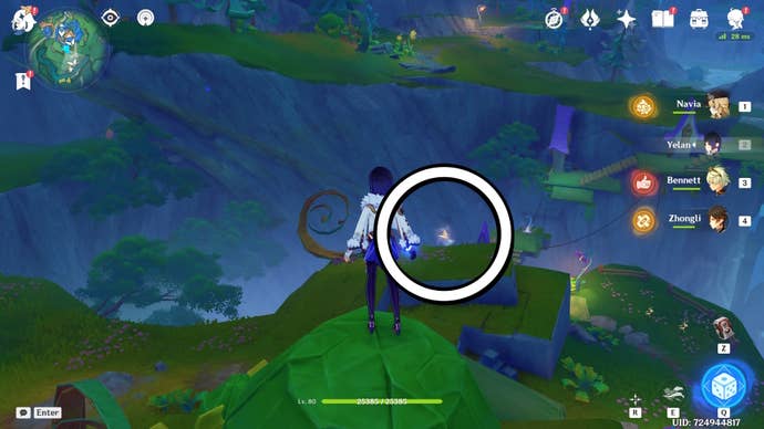 A white circle showing a floating Jubilant Feather location in Genshin Impact.