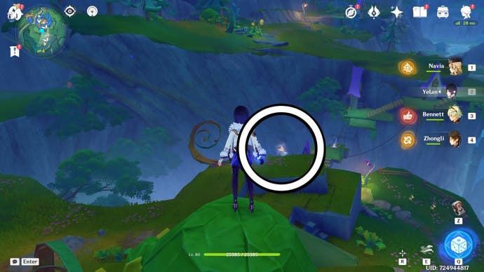 A white circle showing the location of a floating Jubilant Feather in Genshin Impact.
