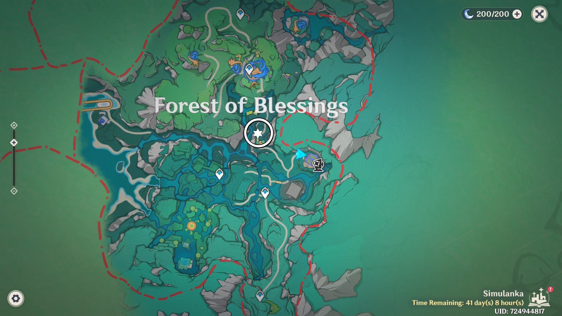 White circle on the Simulanka map in Genshin Impact showing a Jubilant Feather location.