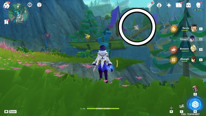 A white circle showing the location of a floating Jubilant Feather in Genshin Impact.