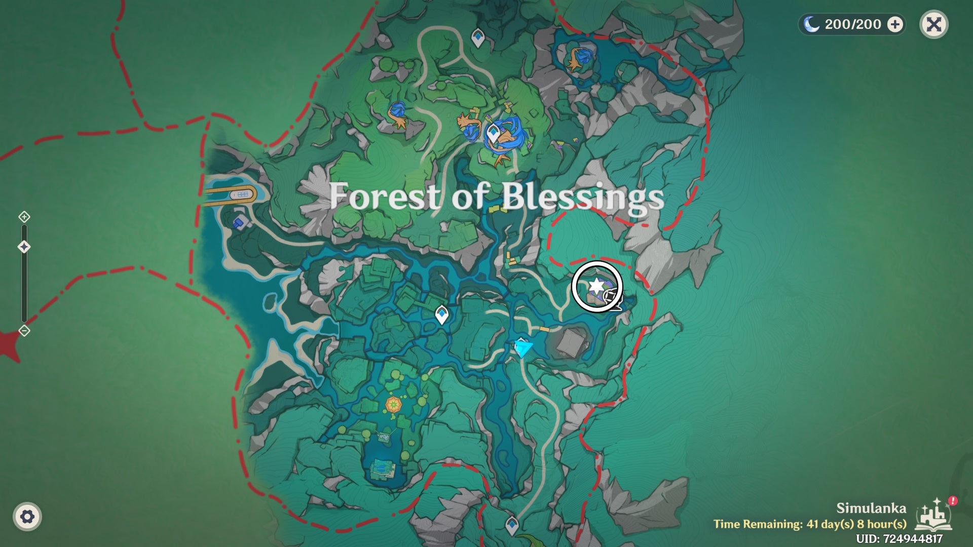 White circle on the Simulanka map in Genshin Impact showing a Jubilant Feather location.