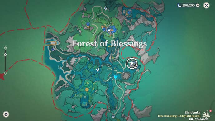 White circle on the Simulanka map in Genshin Impact showing a Jubilant Feather location.