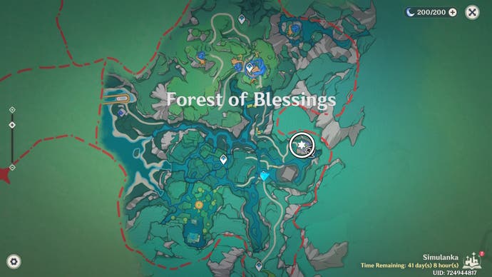 White circle on the Simulanka map in Genshin Impact showing the location of a Jubilant Feather.