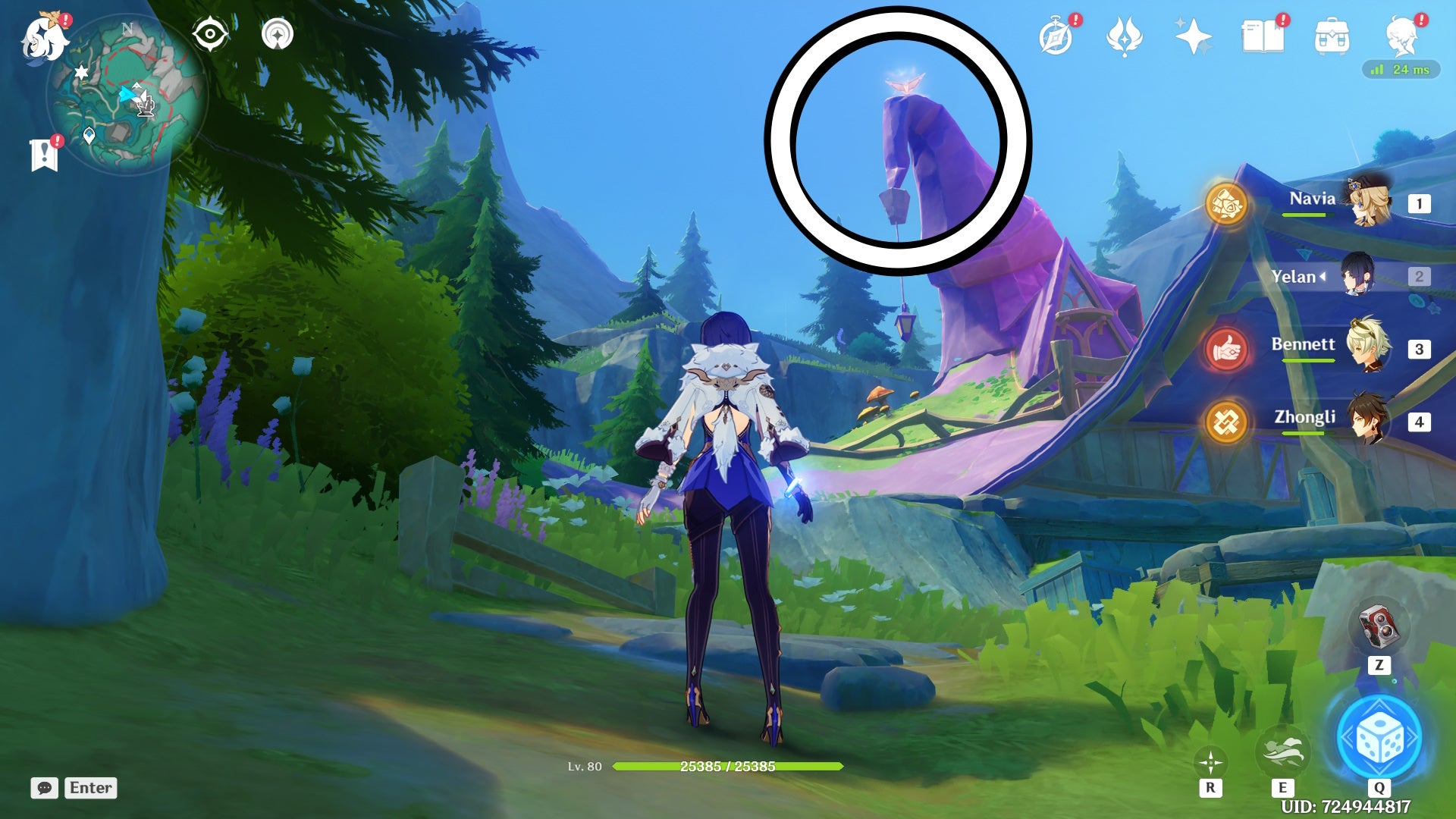 A white circle showing a floating Jubilant Feather location in Genshin Impact.