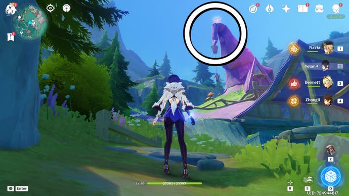 A white circle showing the location of a floating Jubilant Feather in Genshin Impact.