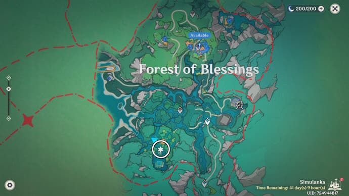 White circle on the Simulanka map in Genshin Impact showing the location of a Jubilant Feather.