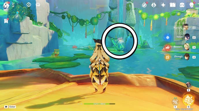 A white circle showing a floating Jubilant Feather location in Genshin Impact.