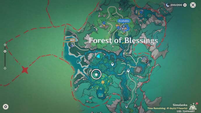White circle on the Simulanka map in Genshin Impact showing the location of a Jubilant Feather.