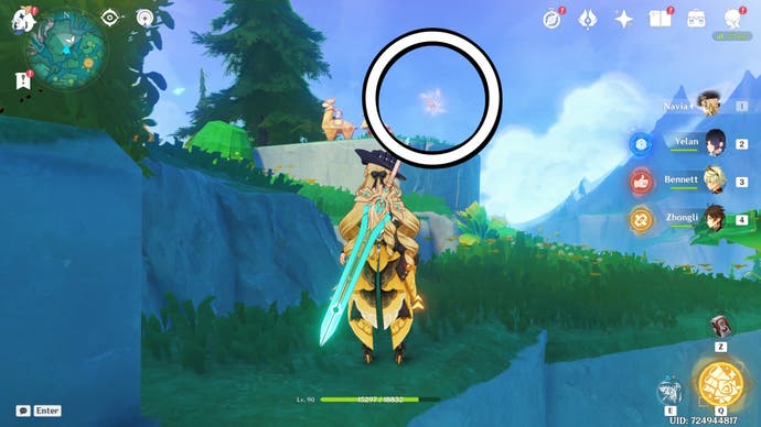 A white circle showing the location of a floating Jubilant Feather in Genshin Impact.