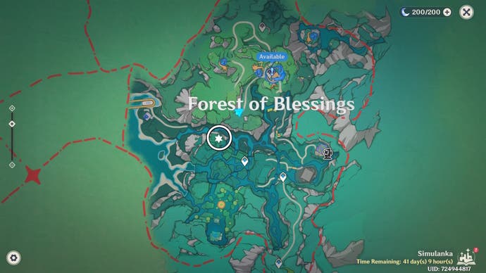 White circle on the Simulanka map in Genshin Impact showing the location of a Jubilant Feather.
