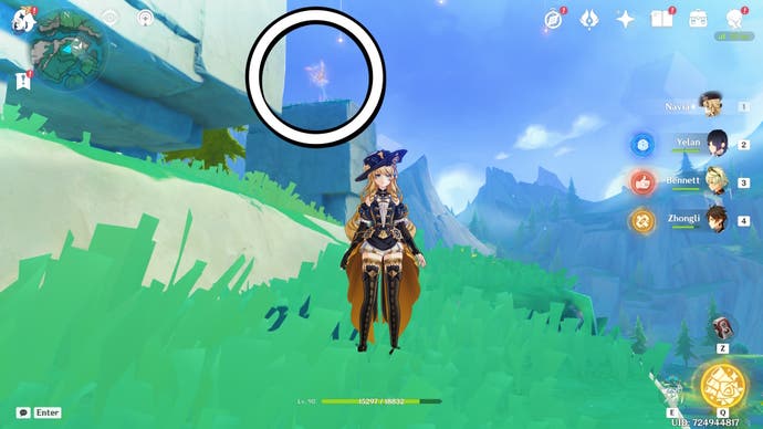 A white circle showing the location of a floating Jubilant Feather in Genshin Impact.