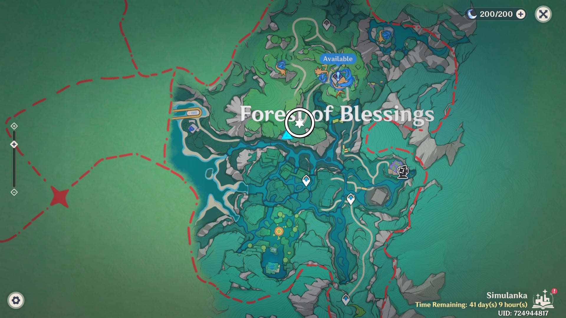 White circle on the Simulanka map in Genshin Impact showing a Jubilant Feather location.