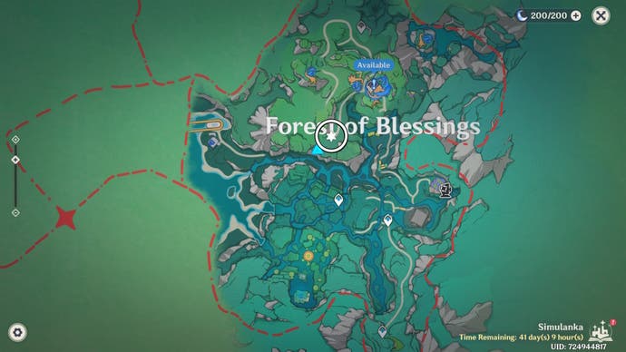 White circle on the Simulanka map in Genshin Impact showing the location of a Jubilant Feather.