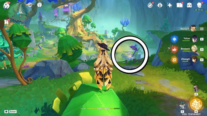 A white circle showing a floating Jubilant Feather location in Genshin Impact.