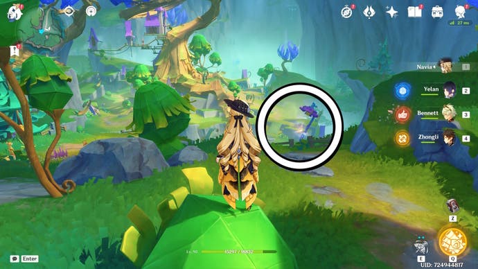 A white circle showing the location of a floating Jubilant Feather in Genshin Impact.