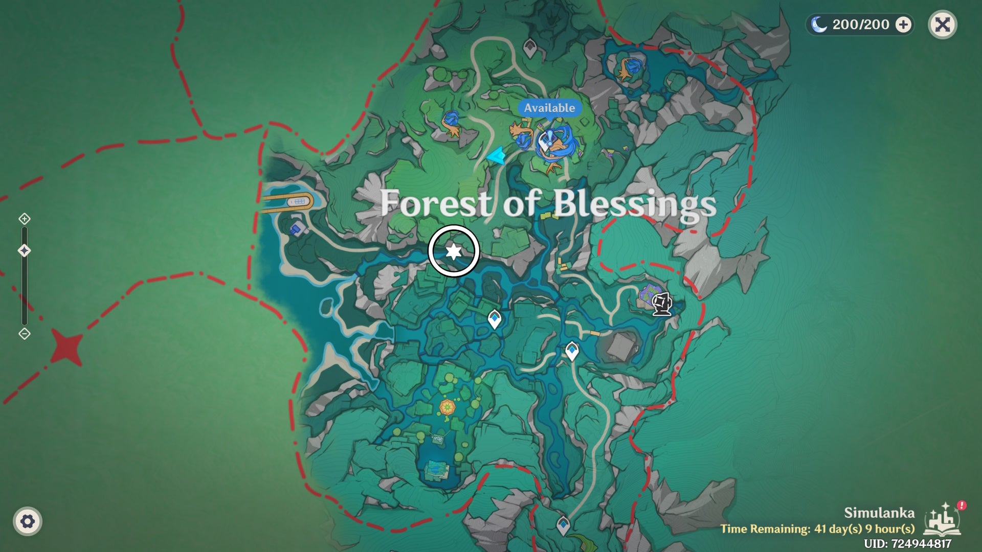 White circle on the Simulanka map in Genshin Impact showing a Jubilant Feather location.