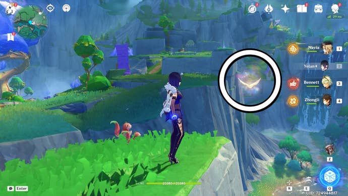 A white circle showing a floating Jubilant Feather location in Genshin Impact.