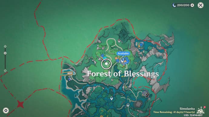 White circle on the Simulanka map in Genshin Impact showing a Jubilant Feather location.