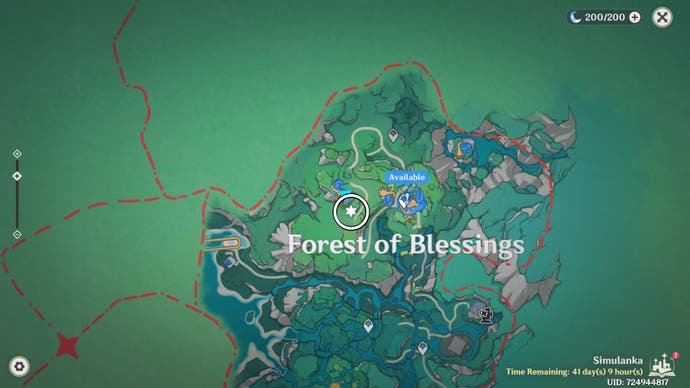 White circle on the Simulanka map in Genshin Impact showing the location of a Jubilant Feather.
