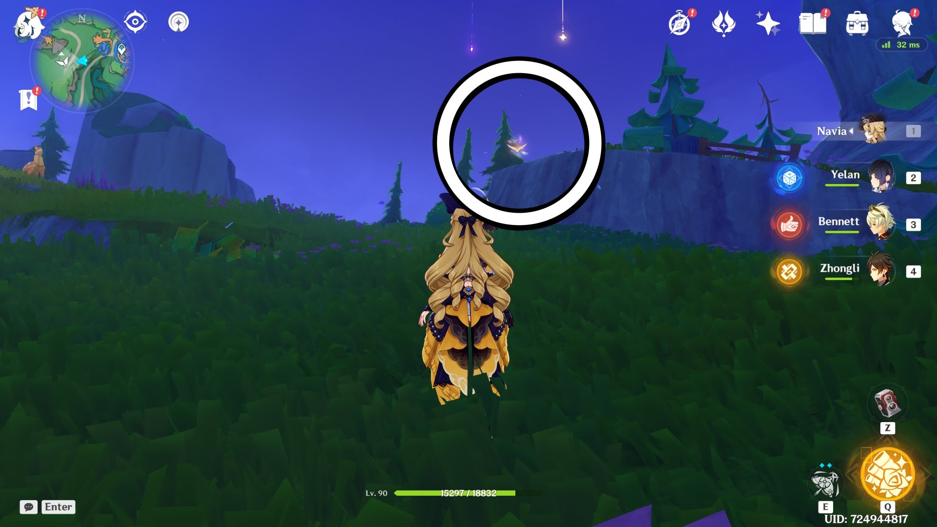 A white circle showing a floating Jubilant Feather location in Genshin Impact.