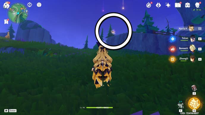 A white circle showing a floating Jubilant Feather location in Genshin Impact.