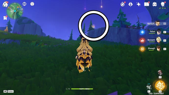 A white circle showing the location of a floating Jubilant Feather in Genshin Impact.