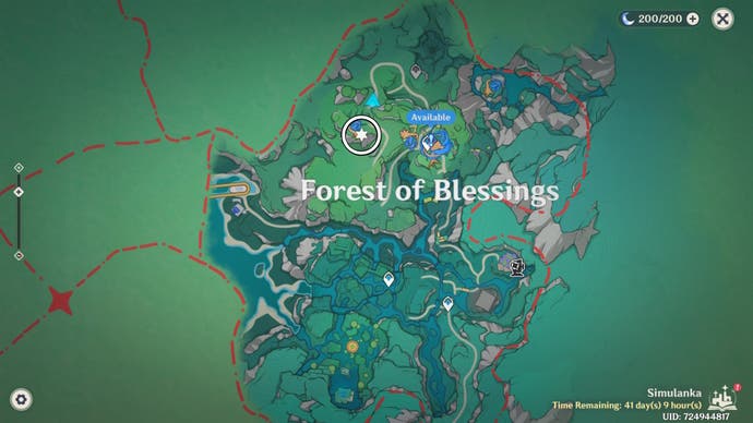 White circle on the Simulanka map in Genshin Impact indicating the location of a Jubilant Quill.White circle on the Simulanka map in Genshin Impact indicating the location of a Jubilant Quill.