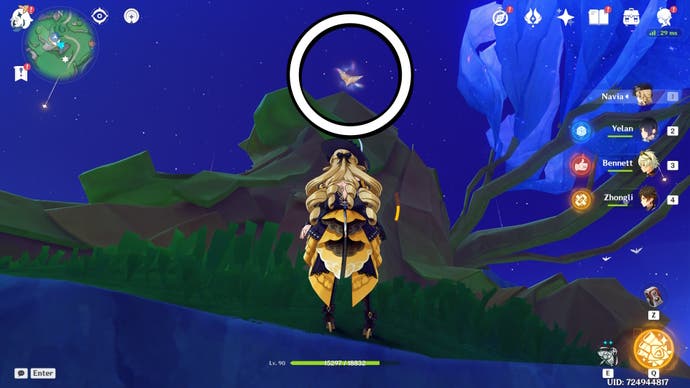 A white circle showing the location of a floating Jubilant Feather in Genshin Impact.