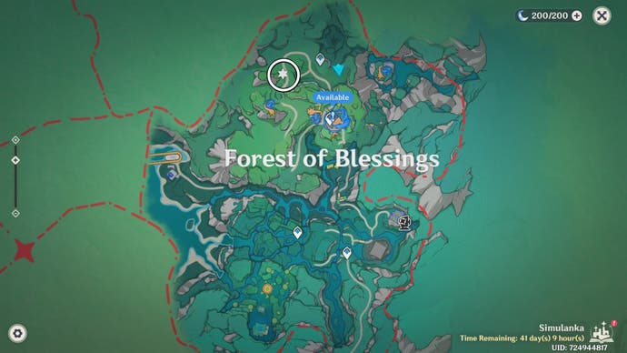 White circle on the Simulanka map in Genshin Impact showing the location of a Jubilant Feather.