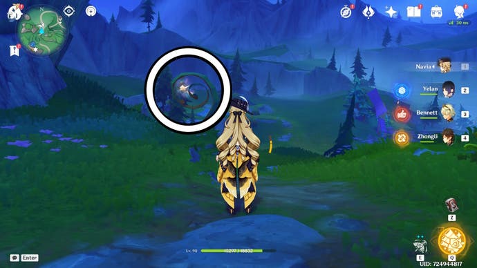 A white circle showing the location of a floating Jubilant Feather in Genshin Impact.