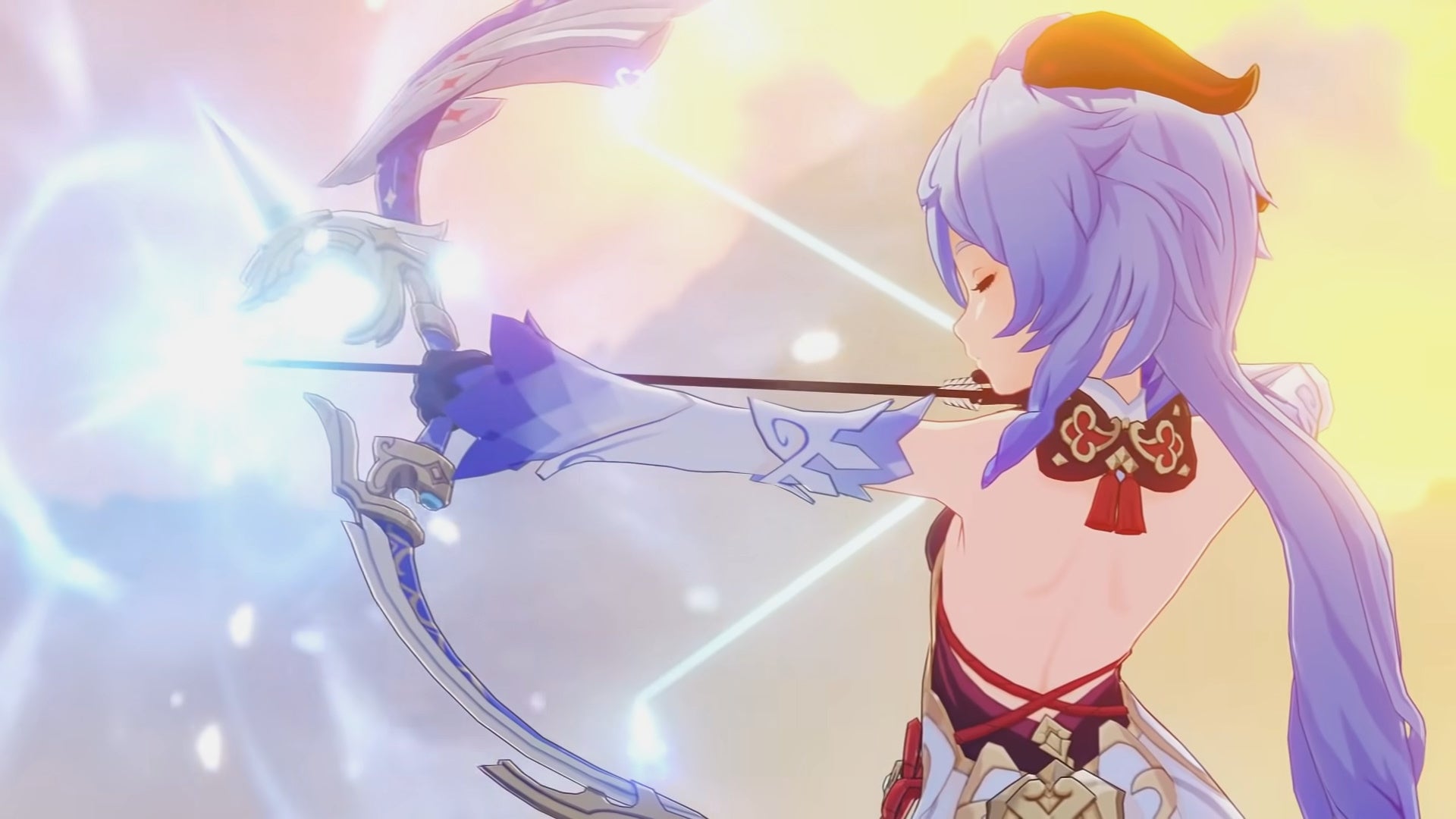 Ganyu shooting ice from her bow in Genshin Impact.