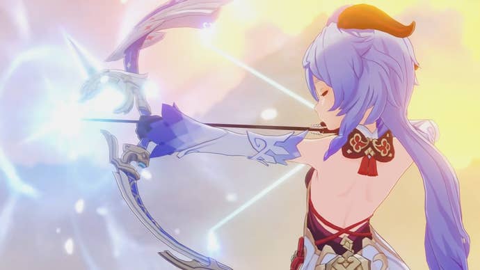 Ganyu shooting ice from her bow in Genshin Impact.