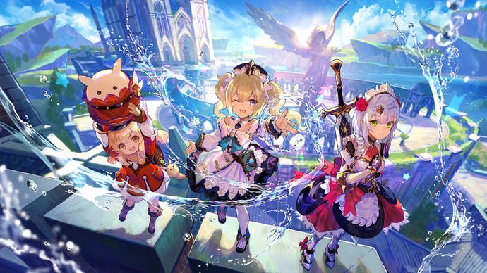 official artwork of klee, barbar, and noelle standing above mondstadt with the statue of venti behind them