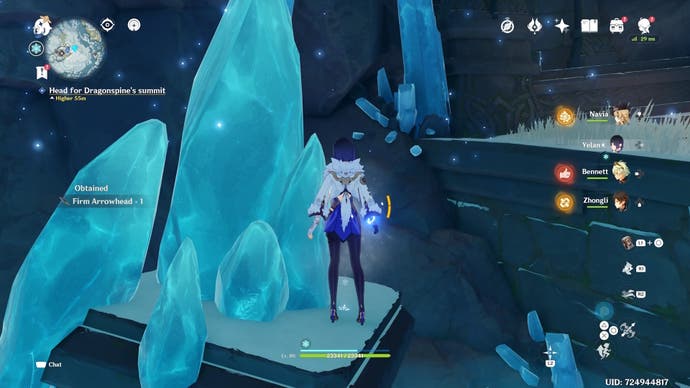 yelan standing by a fallen icicle in a snowy cave