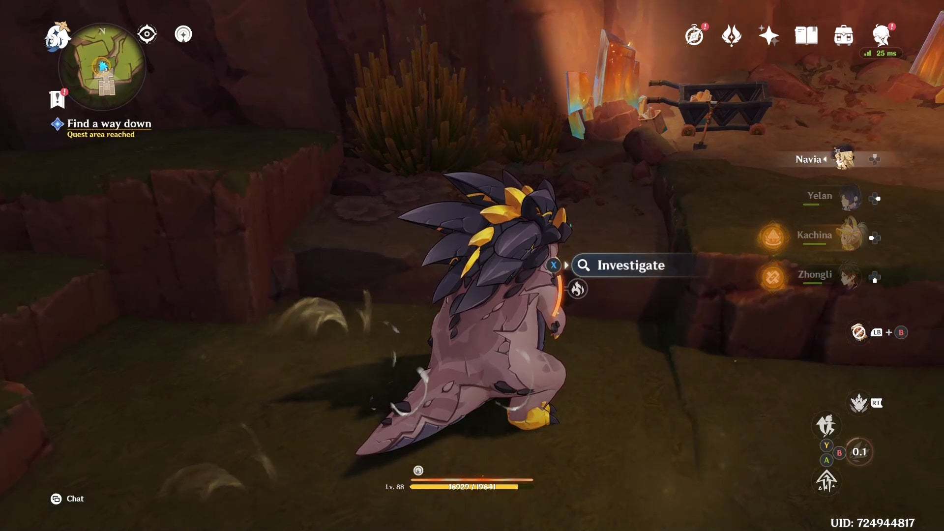 A Tepetlisaurus Saurian investigating a spot on the ground in Genshin Impact.