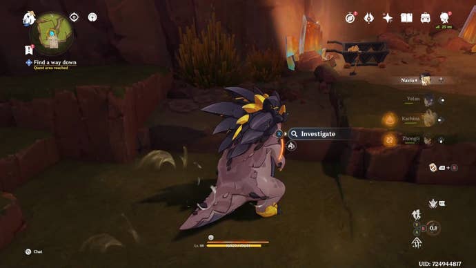 A Tepetlisaurus Saurian investigating a spot on the ground in Genshin Impact.