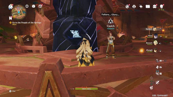 Looking at Cauich beside the Children of Echoes Obsidian Totem Pole in Genshin Impact.