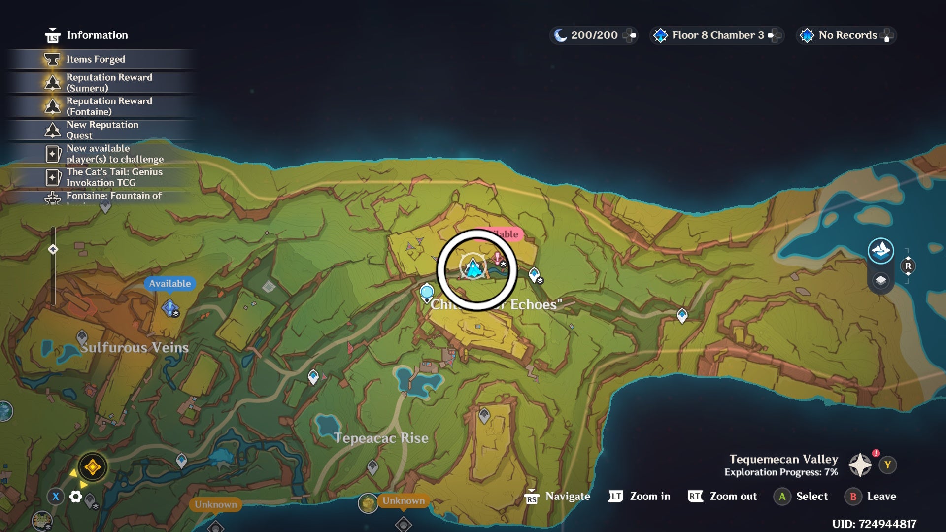 Map view with a white circle showing the location of the Children of Echoes Repuation in Genshin Impact.