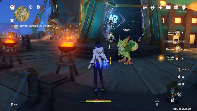 Looking at Aclla beside the Scions of the Canopy Obsidian Totem Pole in Genshin Impact.