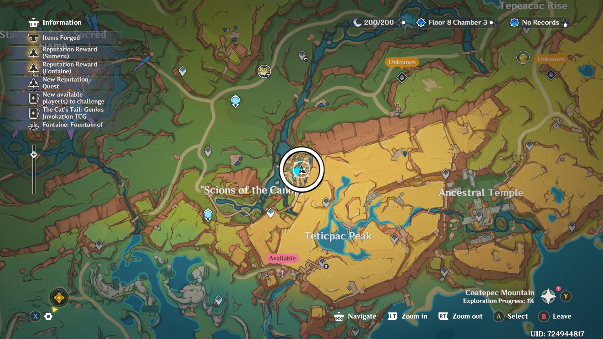 Map view with a white circle showing the location of the Scions of the Canopy Repuation in Genshin Impact.