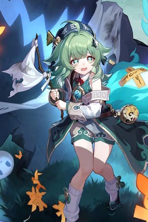 character huo huo splash art of a green haired young woman holding a white flag and shivering in fear