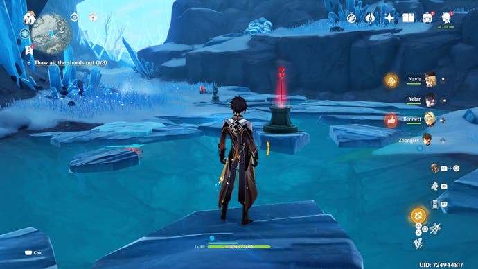 zhongli looking at a red challenge totem while standing on an ice platform on water
