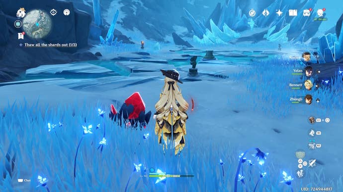 navia looking at a scarlet quartz vein in a snowy cavern