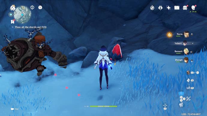 yelan looking at a scarlet quartz vein beside a broken ruin guard enemy inside a snowy cavern